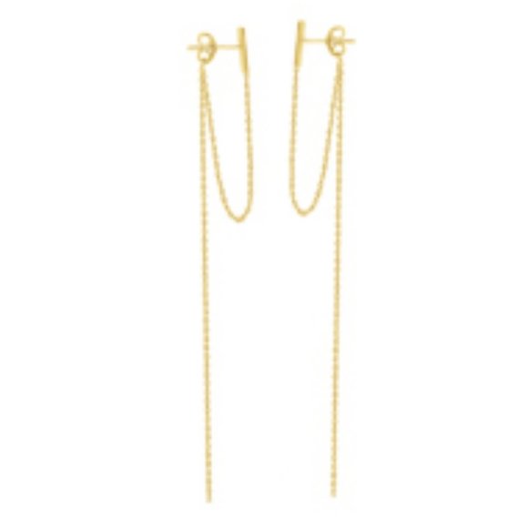 14K Solid Gold Staple Stud Drop Chain Earrings
